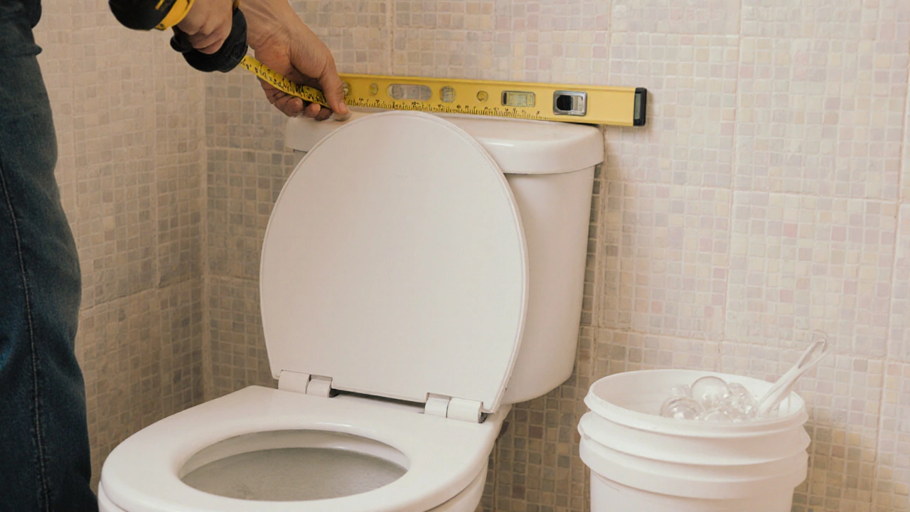 Человек монтирует крышку‑дверцу над унитазом, используя измерительные инструменты.