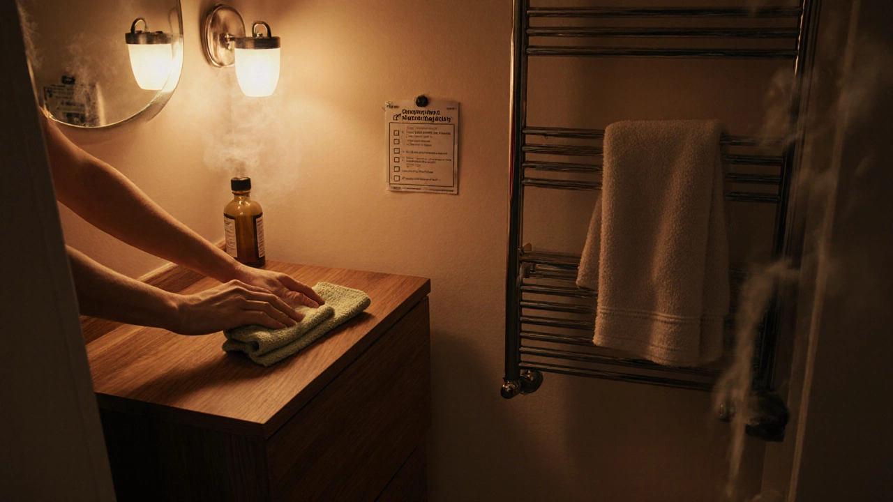 Человек протирает тиковый шкаф и стальную вешалку в тёплой вечерней ванне.