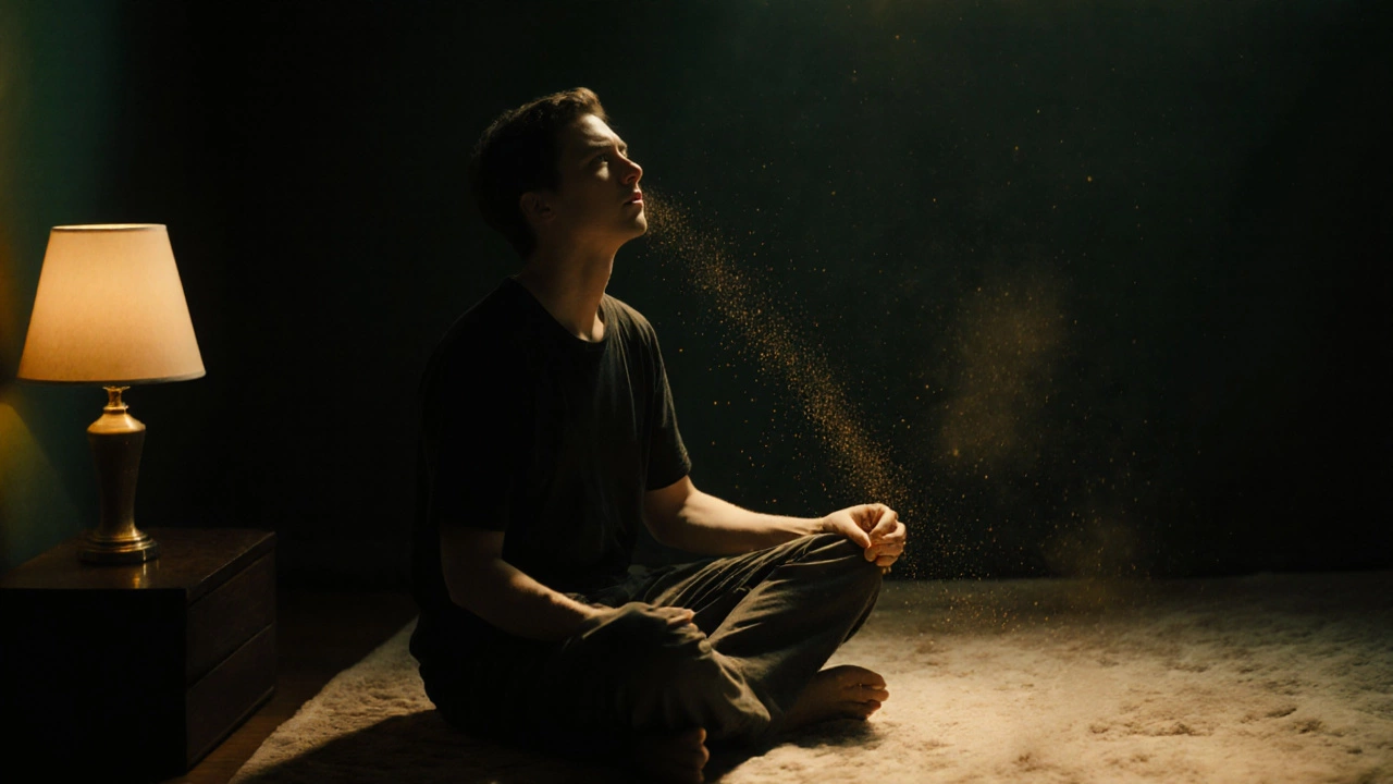 Человек в спальне с темно-зелеными стенами, закрывает глаза, погружен в спокойствие.