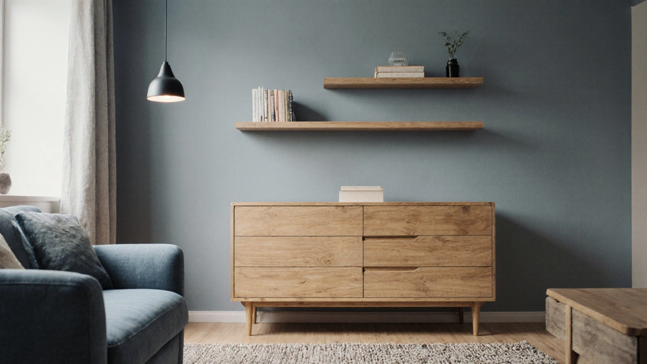 Гармонично оформленная гостиная, где комод служит центральным элементом интерьера.