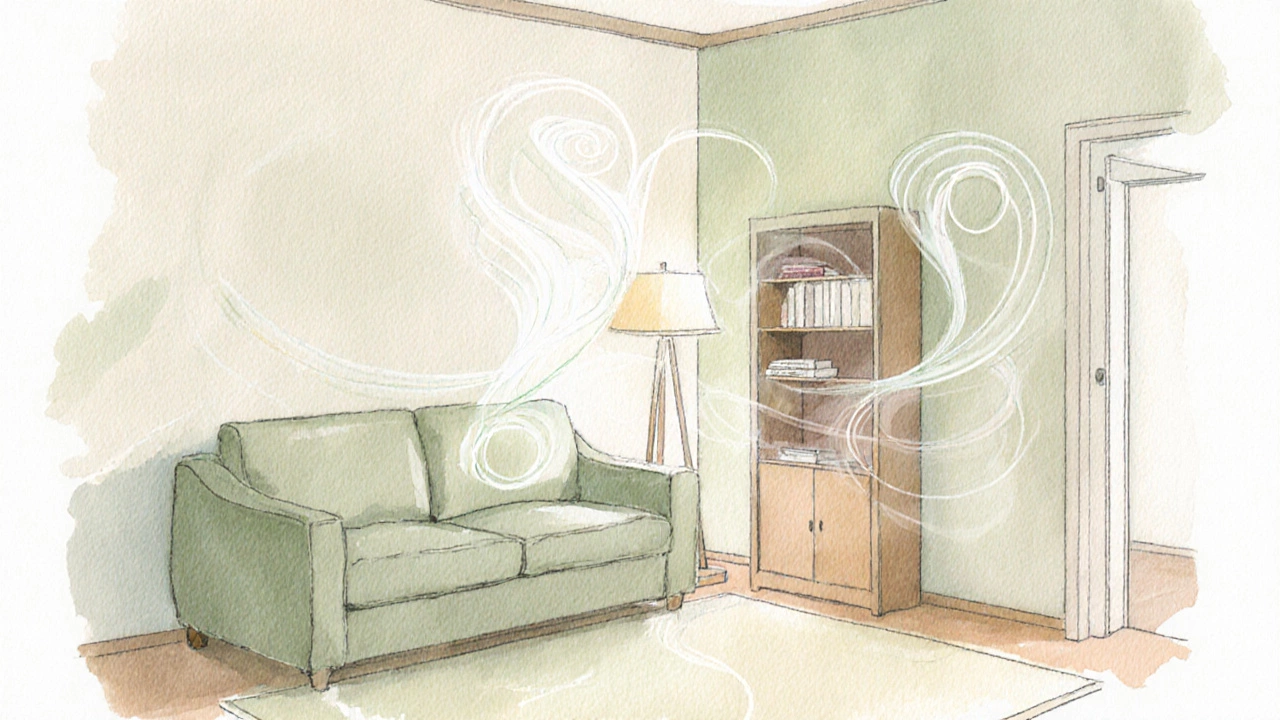 Гостиная по принципам фэншуй: диван под углом, книжный стеллаж и мягкие потоки энергии.