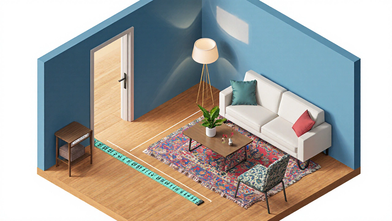 Изометрическая планировка комнаты с диваном, свободным проходом, растением и лампой.