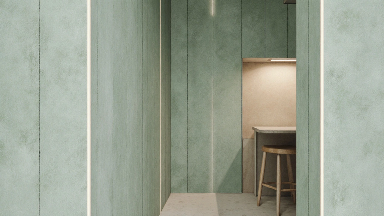 Кухня с текстурированными мятными обоями и мягкой подсветкой, подчеркивающей пространство без бликов.