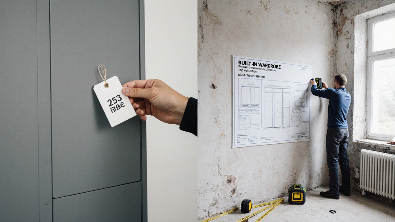 Мастер измеряет кривую стену для встроенного шкафа, рядом — смета с высокой стоимостью.