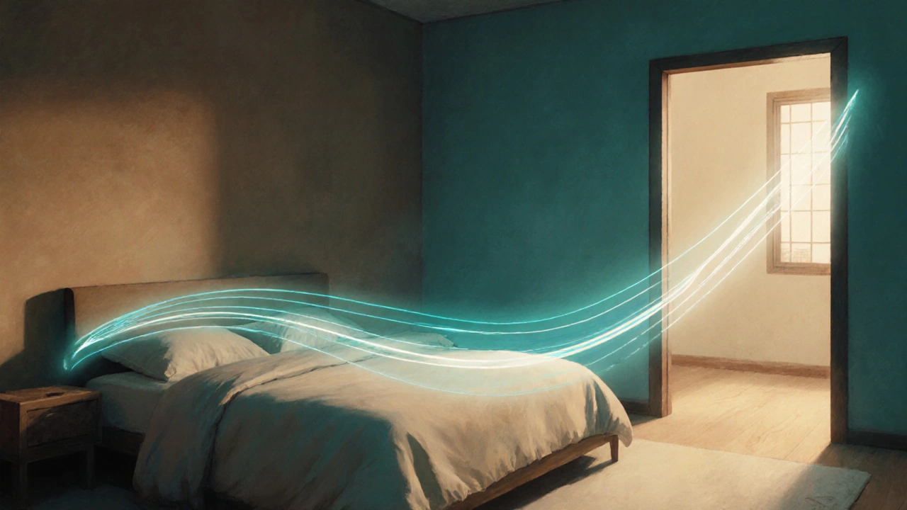 Сцена в стиле Фэншуй: поток энергии к кровати, голова у стены, ноги в открытом пространстве