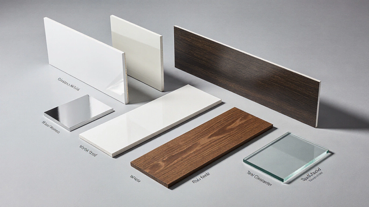 Шесть образцов материалов: ПВХ, покрытый МДФ, ламинированный ДСП, нержавеющая сталь, тик и керамика со стеклом.