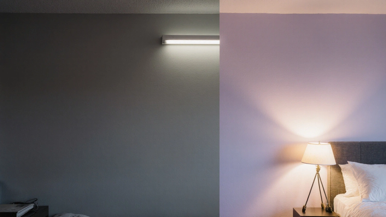 Сравнение холодного серого и спокойного лавандового цветов на стенах спальни.