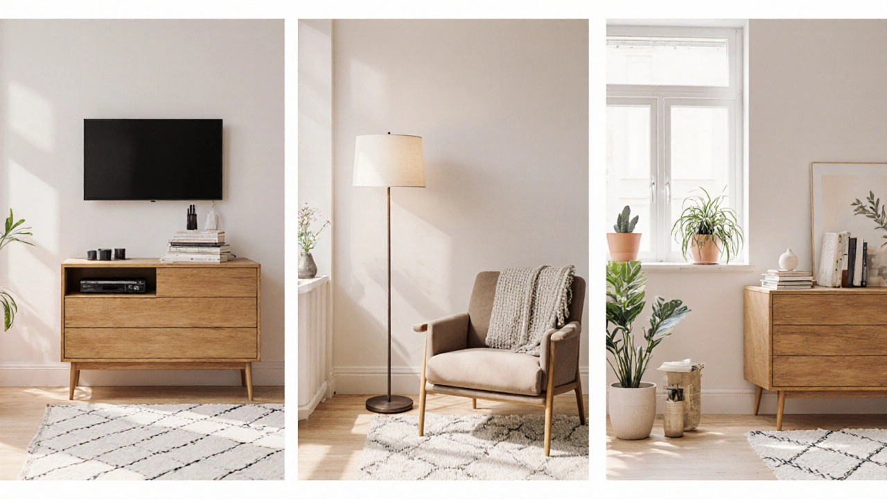 Три варианта размещения комода: напротив ТВ, в углу с креслом, под окном с растениями.