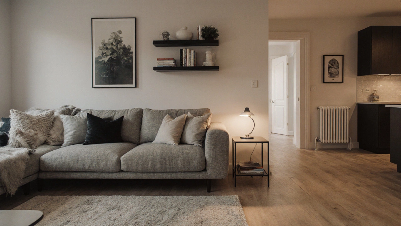 Диван отодвинут от стены на 30 см, над ним — полки и картина, рядом — торшер и свободный проход.