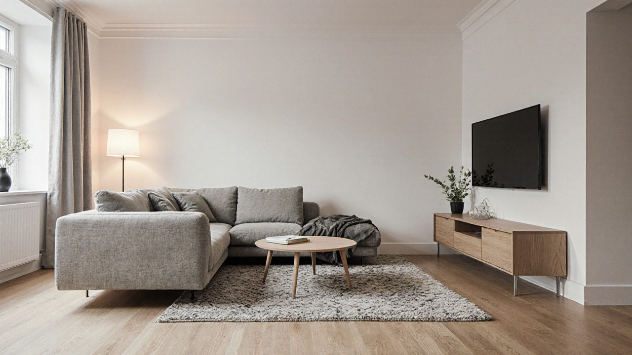 Диван в центре комнаты на ковре, спинкой к телевизору, тёплый свет, минимализм.