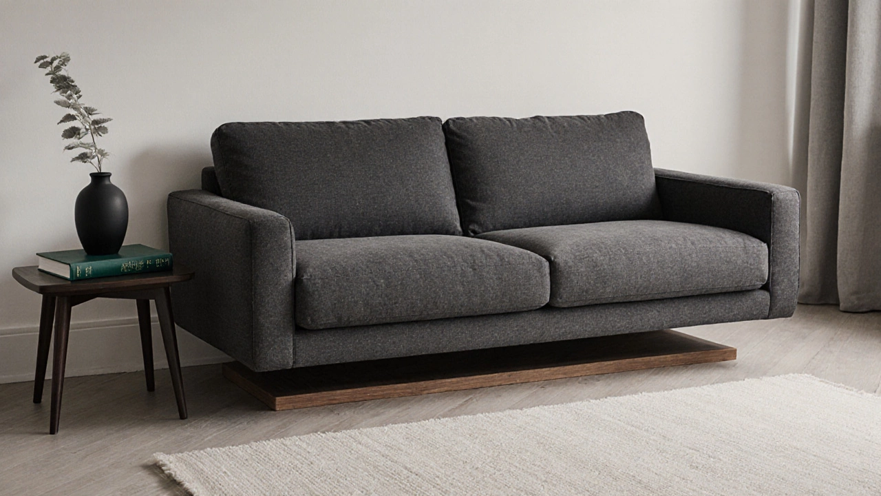Графитово-серый диван в скандинавском интерьере с зазором у стены и минимализмом.