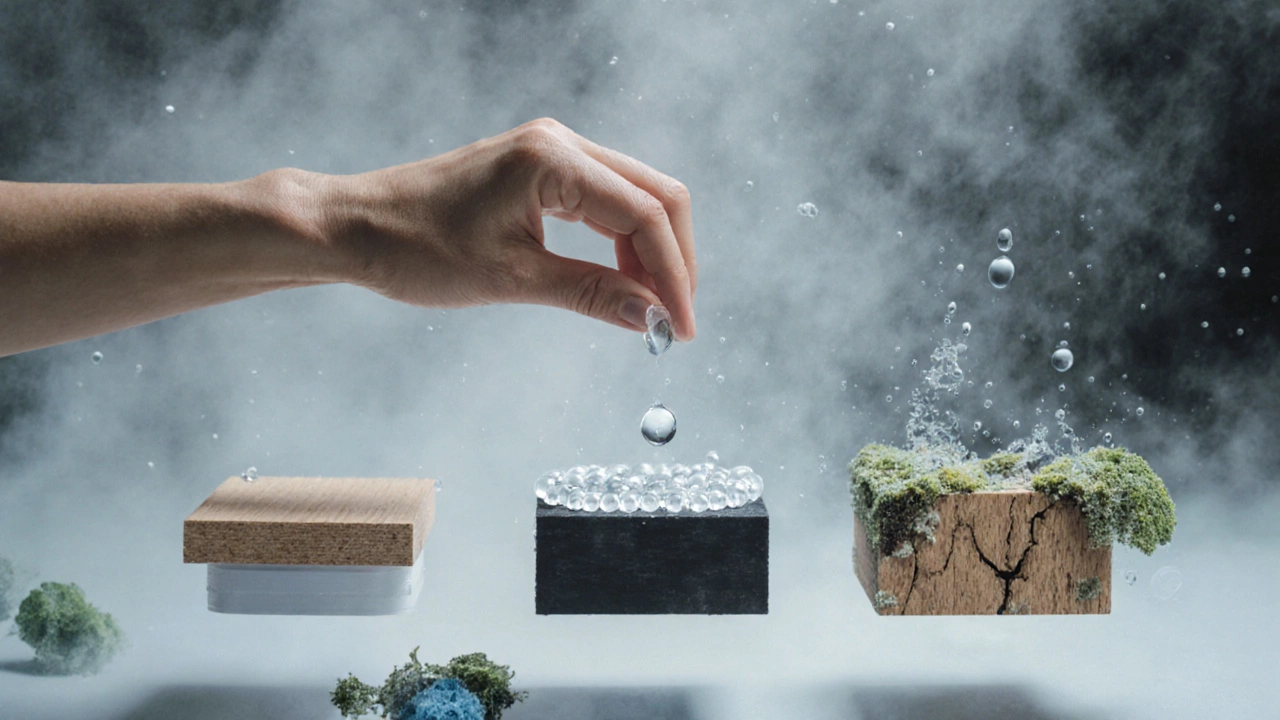 Капля воды на трех материалах: ПВХ, пластик и дерево — вода отталкивается или впитывается.