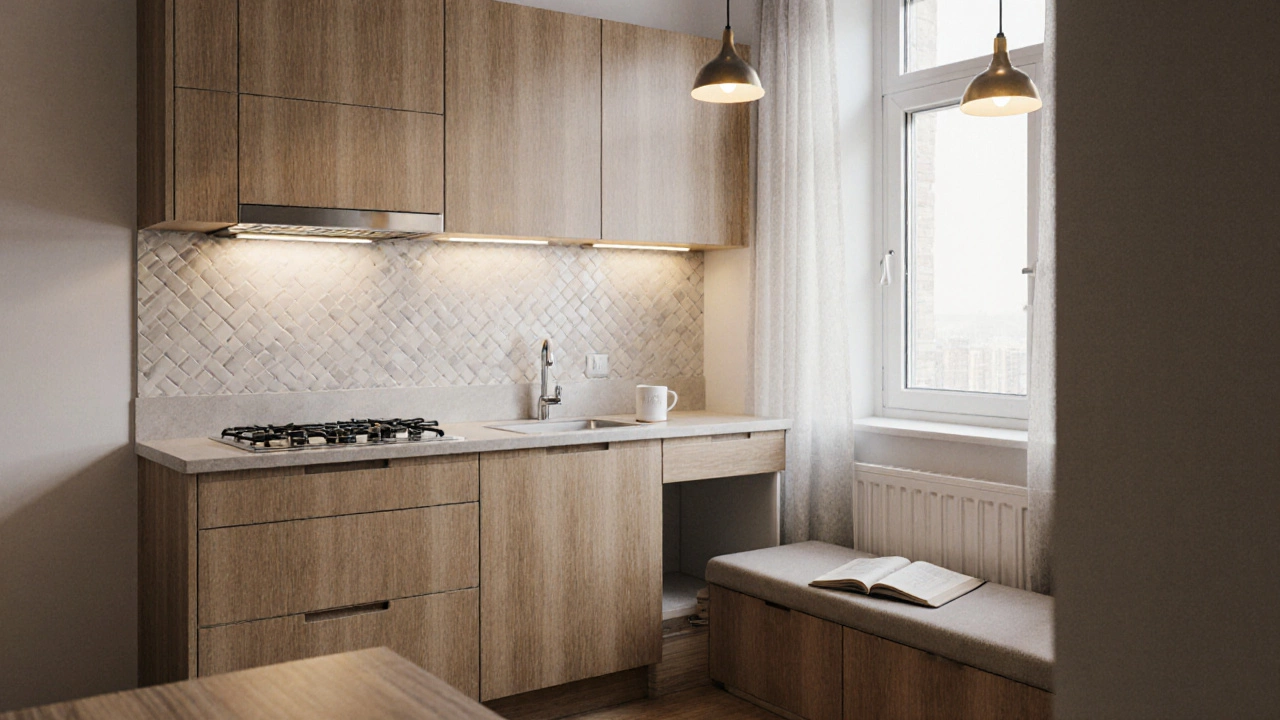 Компактная угловая кухня с потолочными шкафами, узкой столешницей и утренним завтраком у окна.