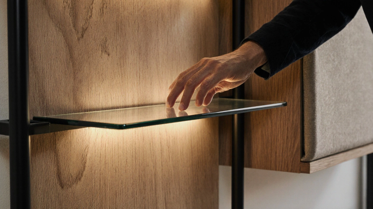 Крупный план руки, касающейся текстуры необработанного дуба в ручной стенке с подсветкой.