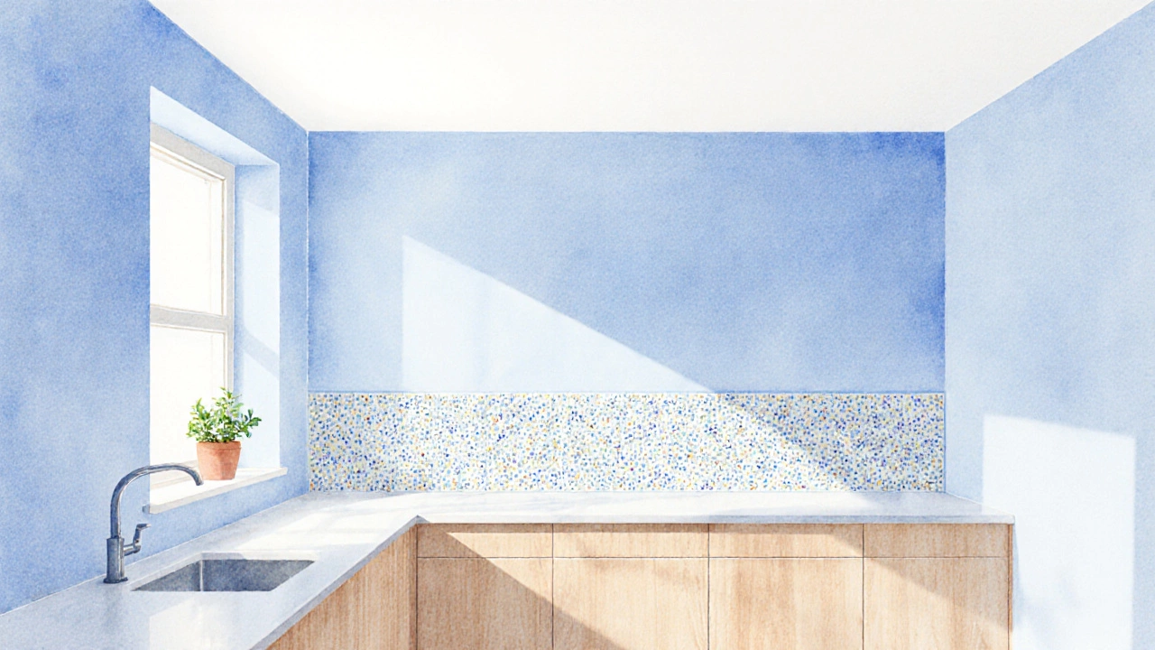 Кухня в пастельно-голубых тонах с мелким узором на фартуке и естественным светом, выглядящая просторно и уютно.