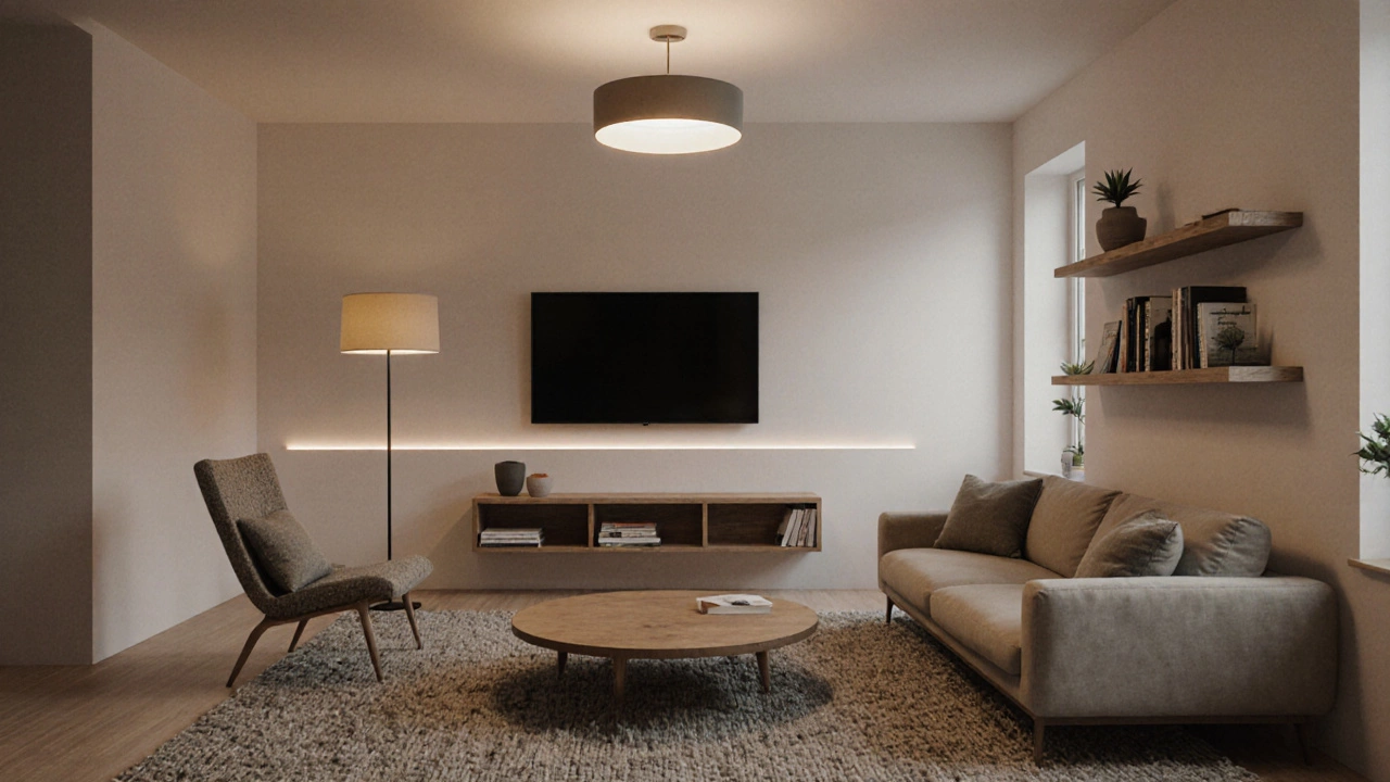 Минималистичная гостиная с тремя уровнями освещения, полками с книгами и растениями на подоконнике.