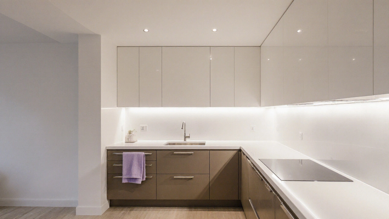 Минималистичная кухня с единым светлым цветом стен и потолка, акцентом в лавандовом и рассеянным светом.