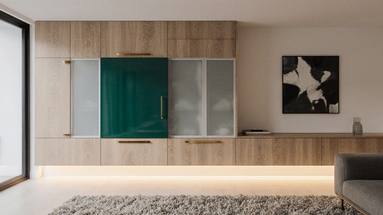 Минималистичная стенка с акцентной зеленой дверцей, металлическими рамками и светящейся полкой.