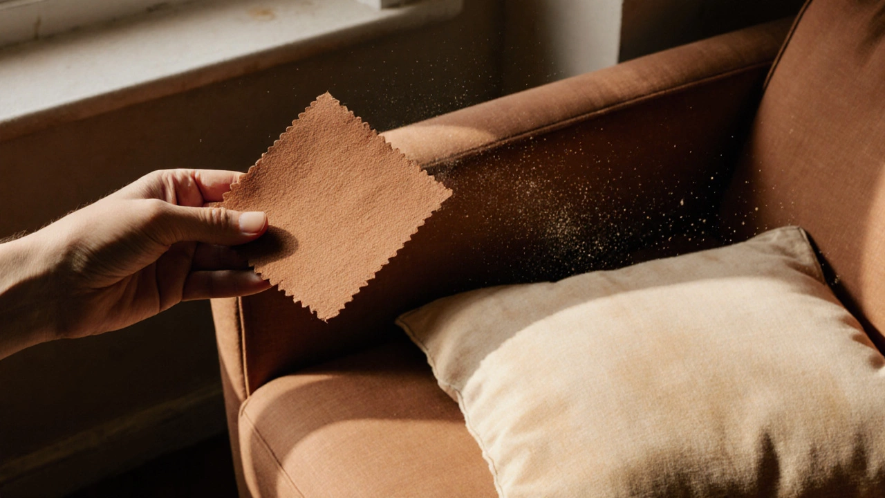 Образец ткани цвета высушенной глины рядом с диваном под солнечным светом.