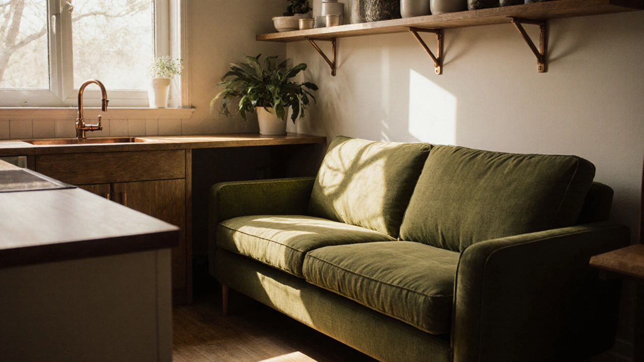 Оливковый диван на кухне с деревянными столешницами и медными акцентами.