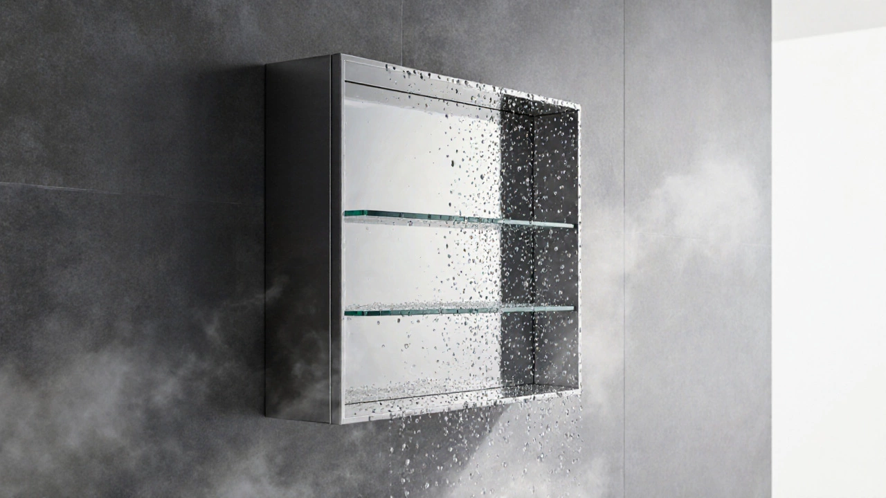 Полированная тумба из нержавеющей стали в ванной с каплями воды, скатывающимися с поверхности.