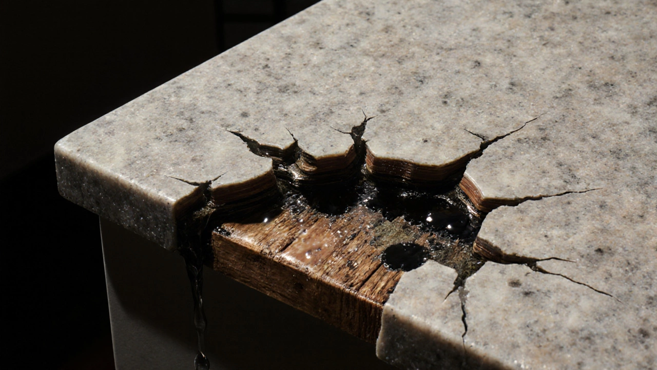 Повреждённая ламинированная ДСП-столешница с набухшими краями и плесенью.