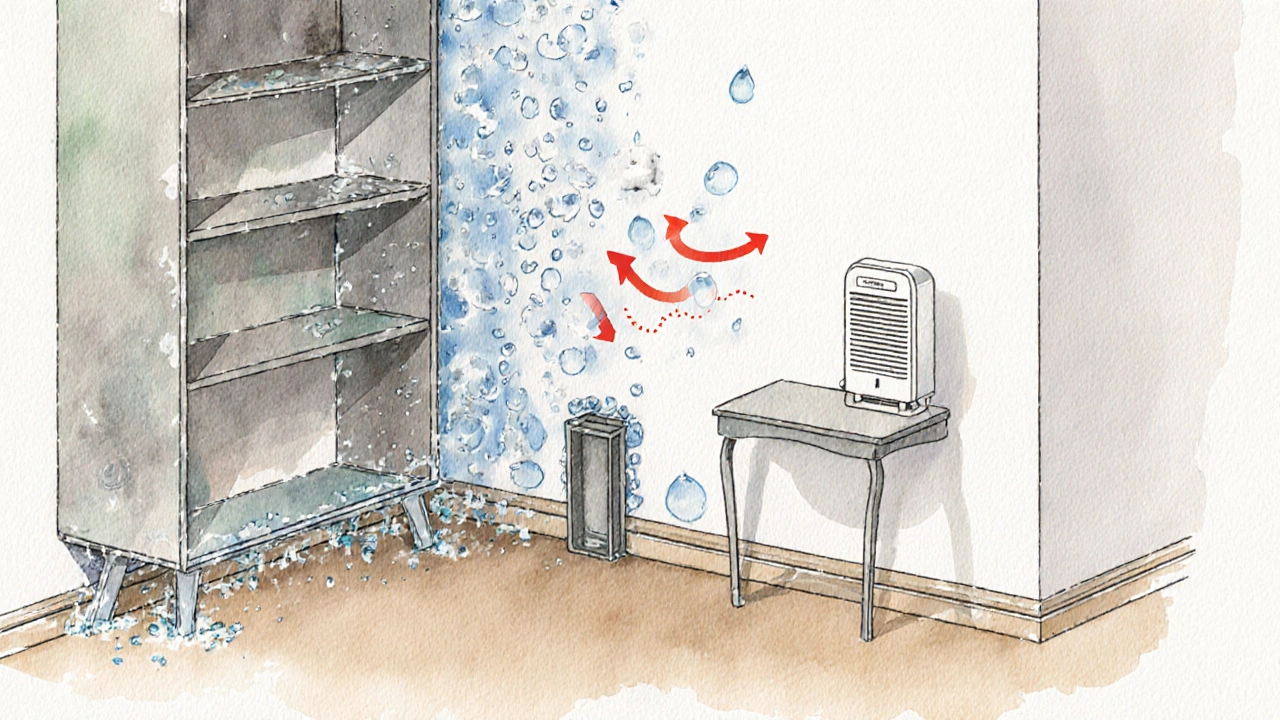Разрез стены с мебелью и стрелками воздуха, конденсат на стене и чистая зона за шкафом.