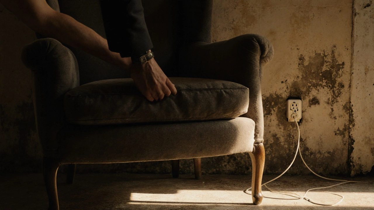 Рука тянет кресло вперед, обнажая заплесневелую стену и доступную розетку.