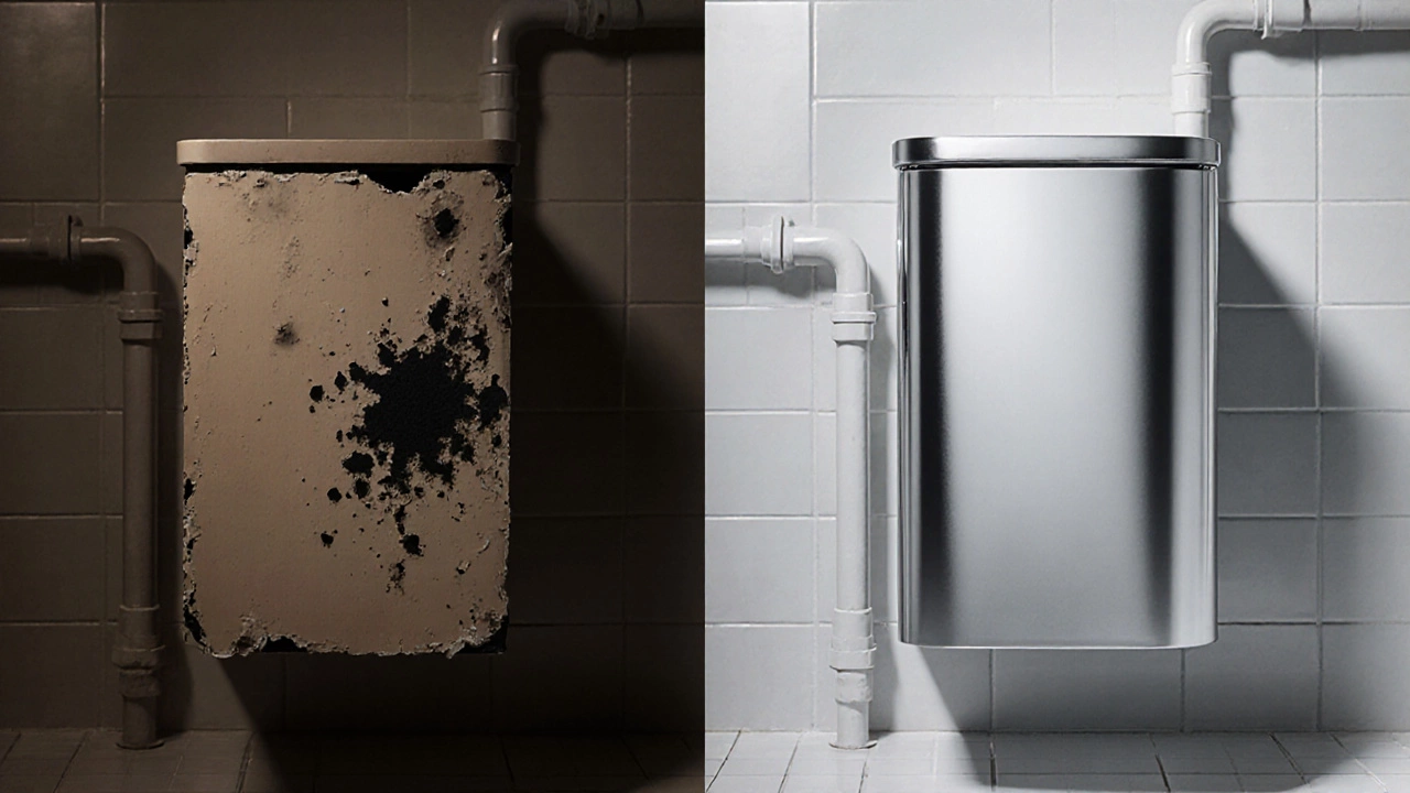 Сравнение разрушающейся ЛДСП-мебели и целой пластиковой тумбы в ванной комнате.