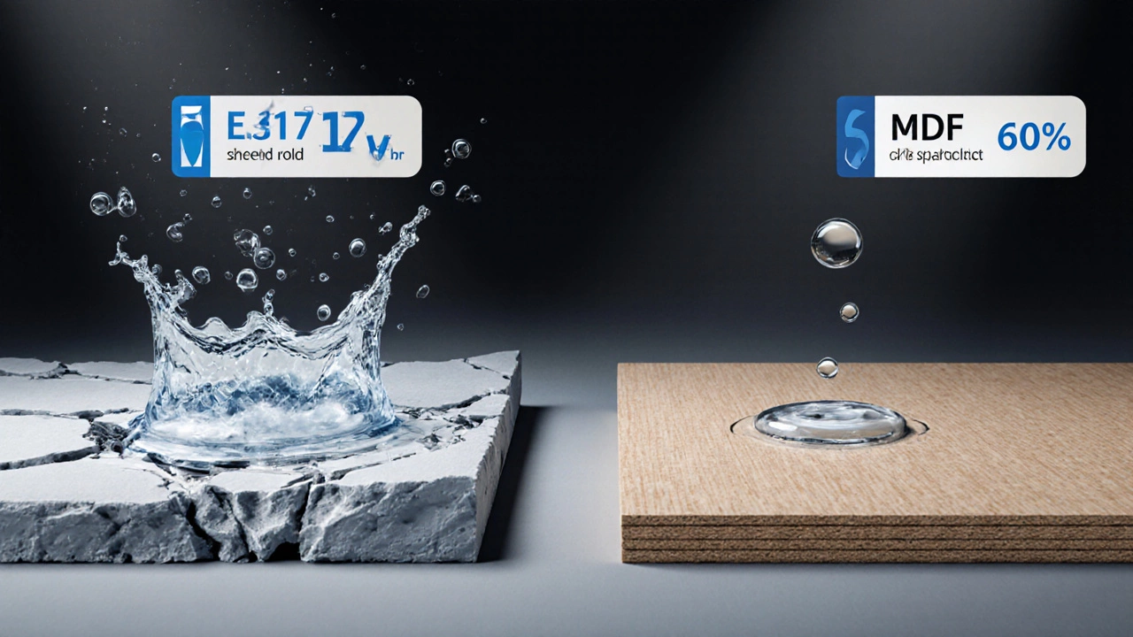 Сравнение структуры ДСП и МДФ под воздействием воды: вода проникает в одну плиту, а отталкивается от другой.