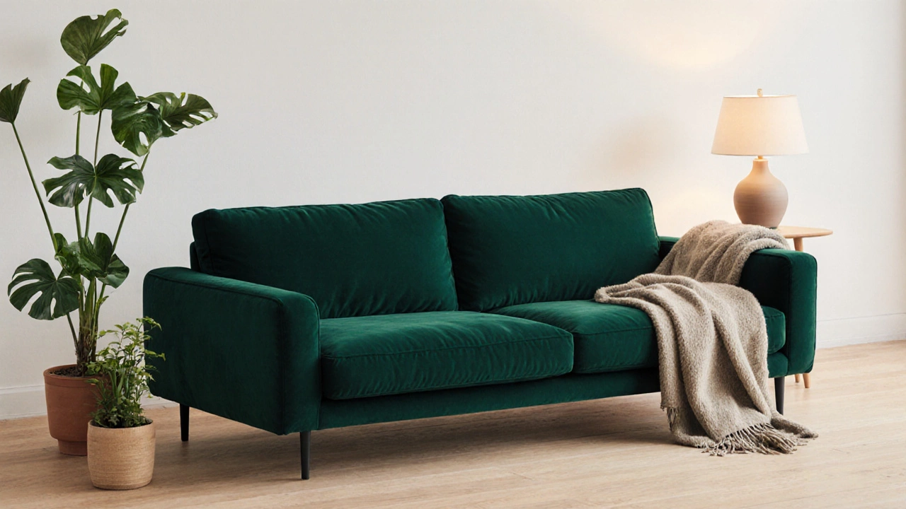 Темно-зеленый диван в минималистичном интерьере с растениями и теплым светом лампы.