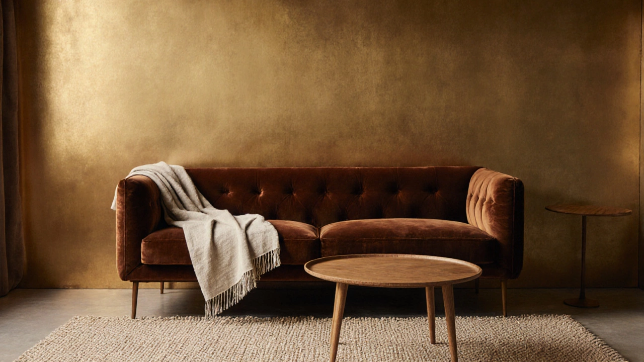 Терракотовый велюровый диван с деревянным столом и текстурным ковром на золотистых обоях.