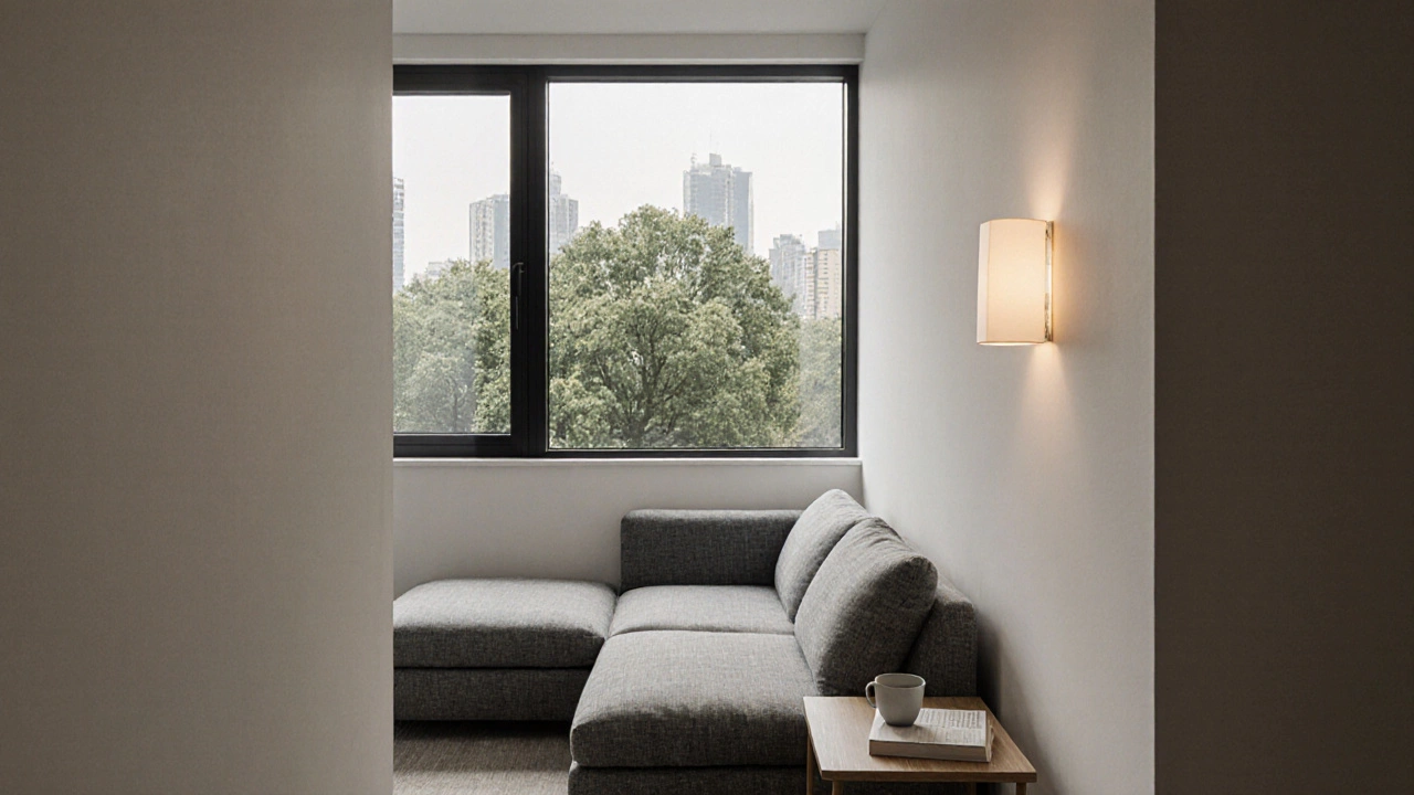 Угловой диван у окна в узкой гостиной, зазор у стены, вид на деревья, тёплый свет.