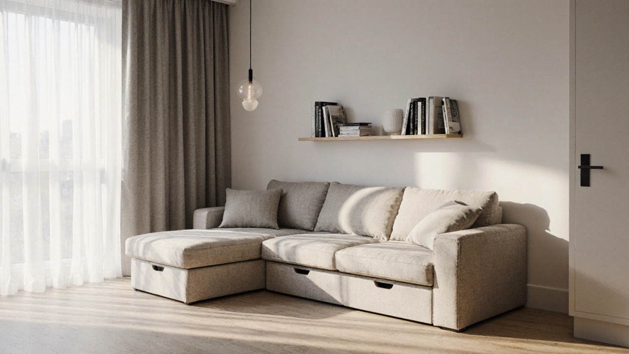 Угловой диван установлен под углом к стене в маленькой квартире, с полками над ним и встроенными ящиками.