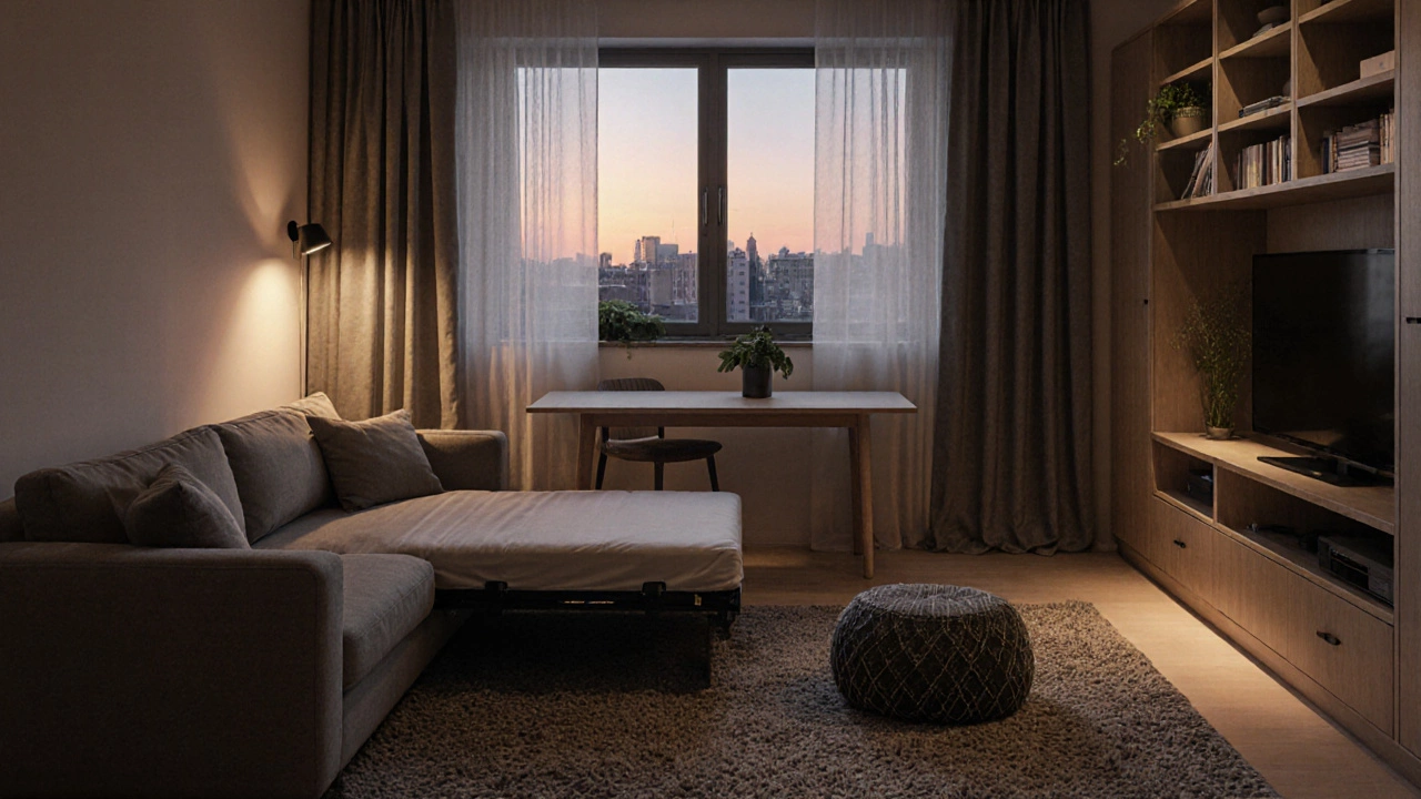 Уютная гостиная с раскладным столом, ковром и зеленью, созданная для отдыха и спокойствия.