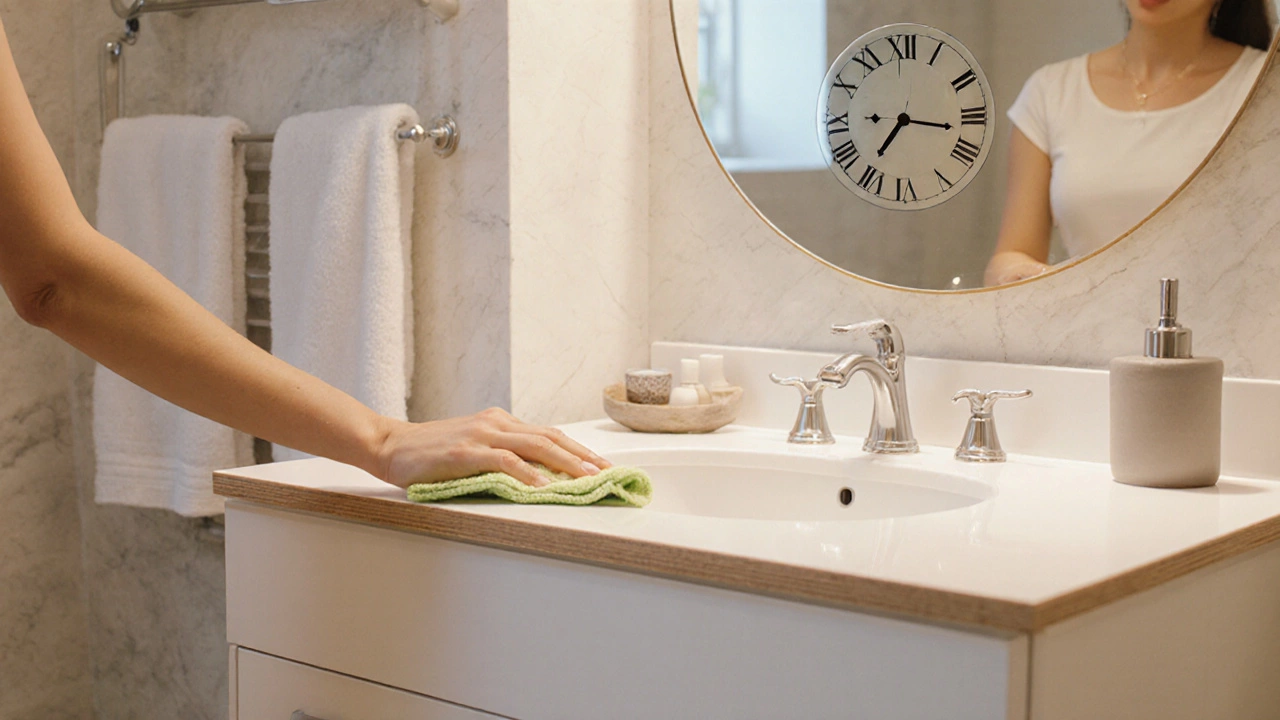 Женщина протирает эмалированную МДФ-тумбу в ванной, поверхность сухая и без повреждений.