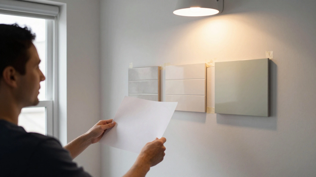 Человек выбирает цвет фартука, держа образцы бумаги на стене при разном освещении.