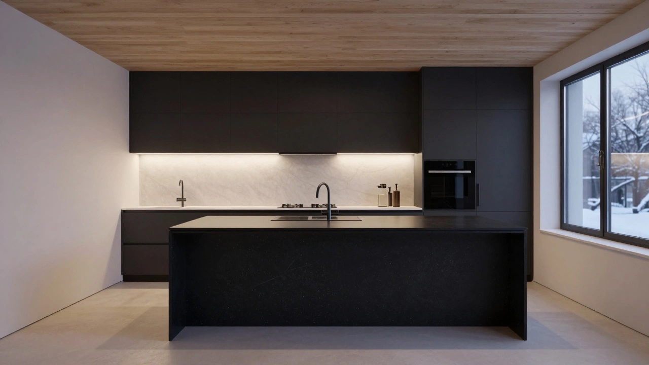 Черный матовый остров на фоне светлых стен, с тонкой подсветкой и натуральной текстурой.