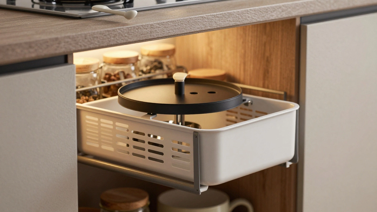 Деталь умной системы хранения: выдвижная корзина, поворотные полки для специй и деревянные банки.