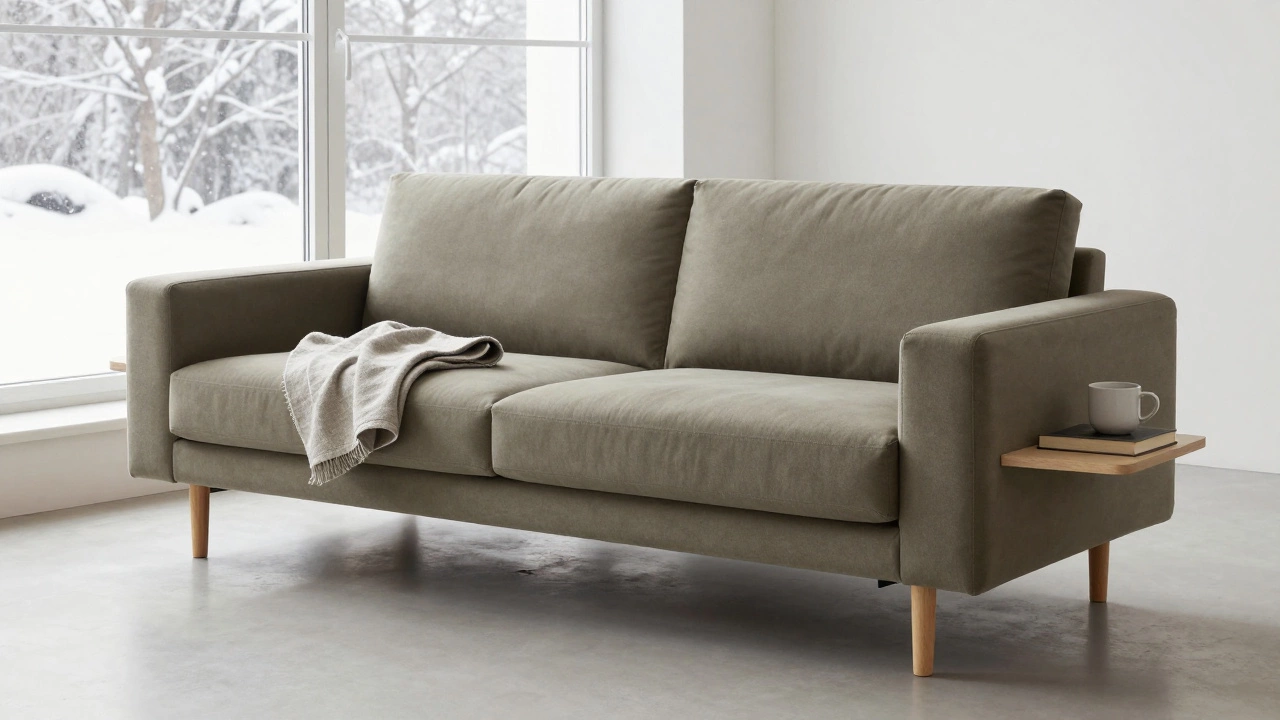 Диван с тонкими деревянными ножками и минималистичным дизайном в комнате с зимним светом из окна.