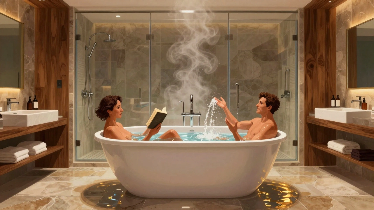 Двое взрослых расслабляются в большой ванне 180 см с душем над ней, в атмосфере спа.