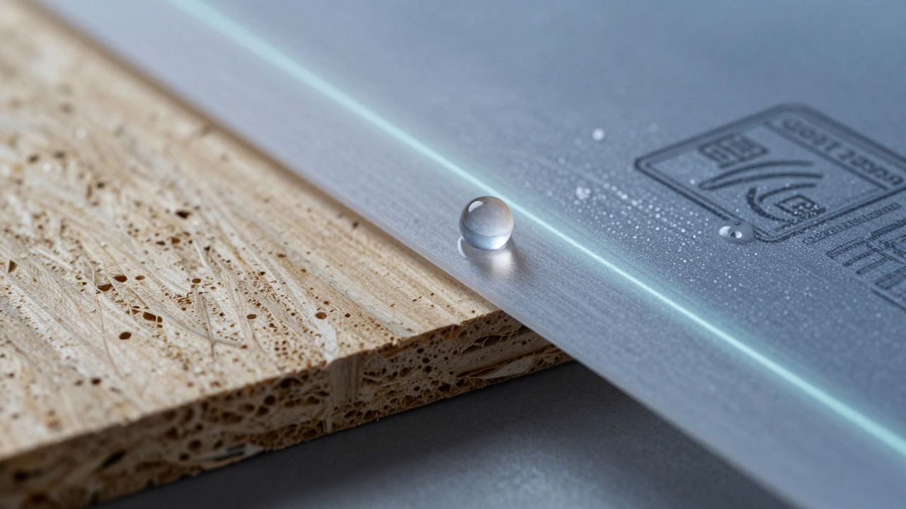 Капля воды на срезе обычного и влагостойкого ДСП: один впитывает, другой отталкивает влагу, показаны защитные слои.