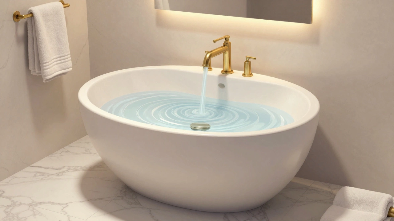 Круглая раковина в просторной ванной, вода равномерно стекает по изогнутым краям, создавая ощущение уюта.