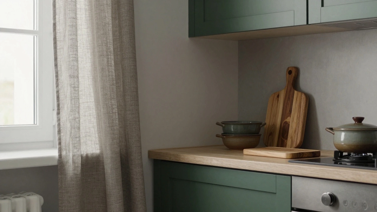 Маленькая кухня с темными нижними и светлыми верхними фасадами, деревянной доской и текстильными шторами.