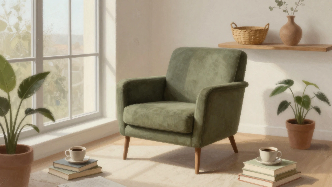 Оливковое кресло у окна с книгами и керамической кружкой на фоне деревянной полки.