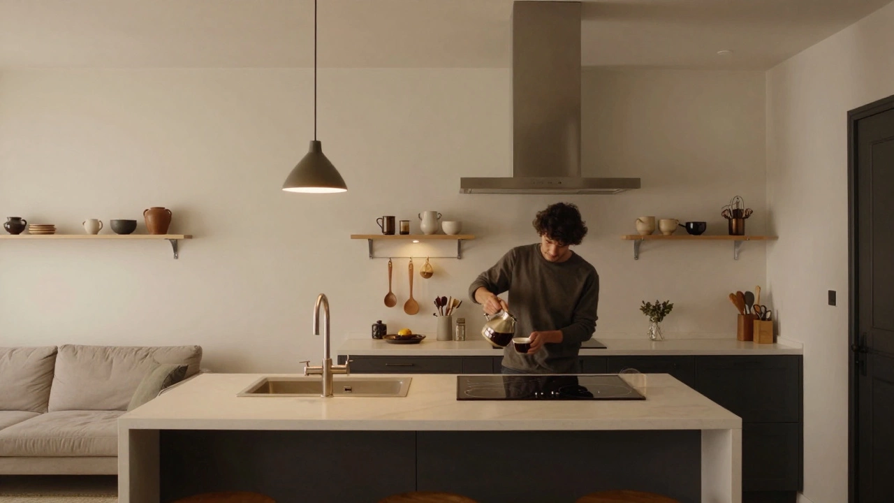 Открытая кухня-гостиная с островом, встроенными приборами и тёплым освещением в русской квартире.