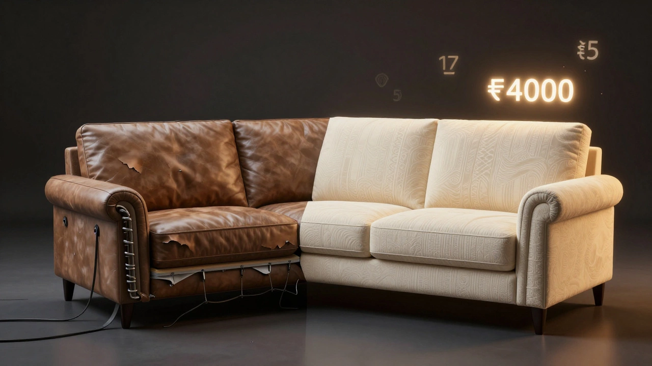Разделённое изображение: дешёвый диван разваливается слева, перетянутый — как новый справа.