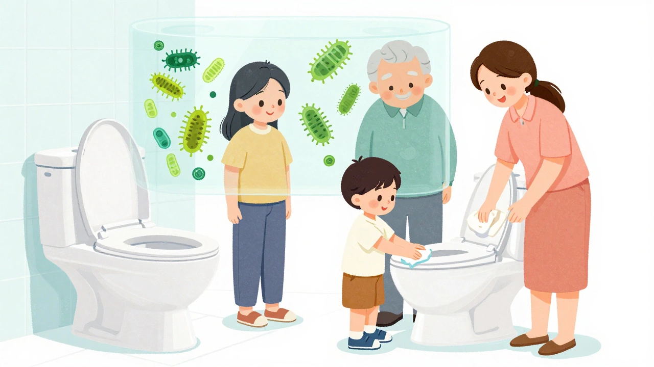 Семья использует унитаз без ободка, визуальное сравнение гигиеничности с традиционной моделью.