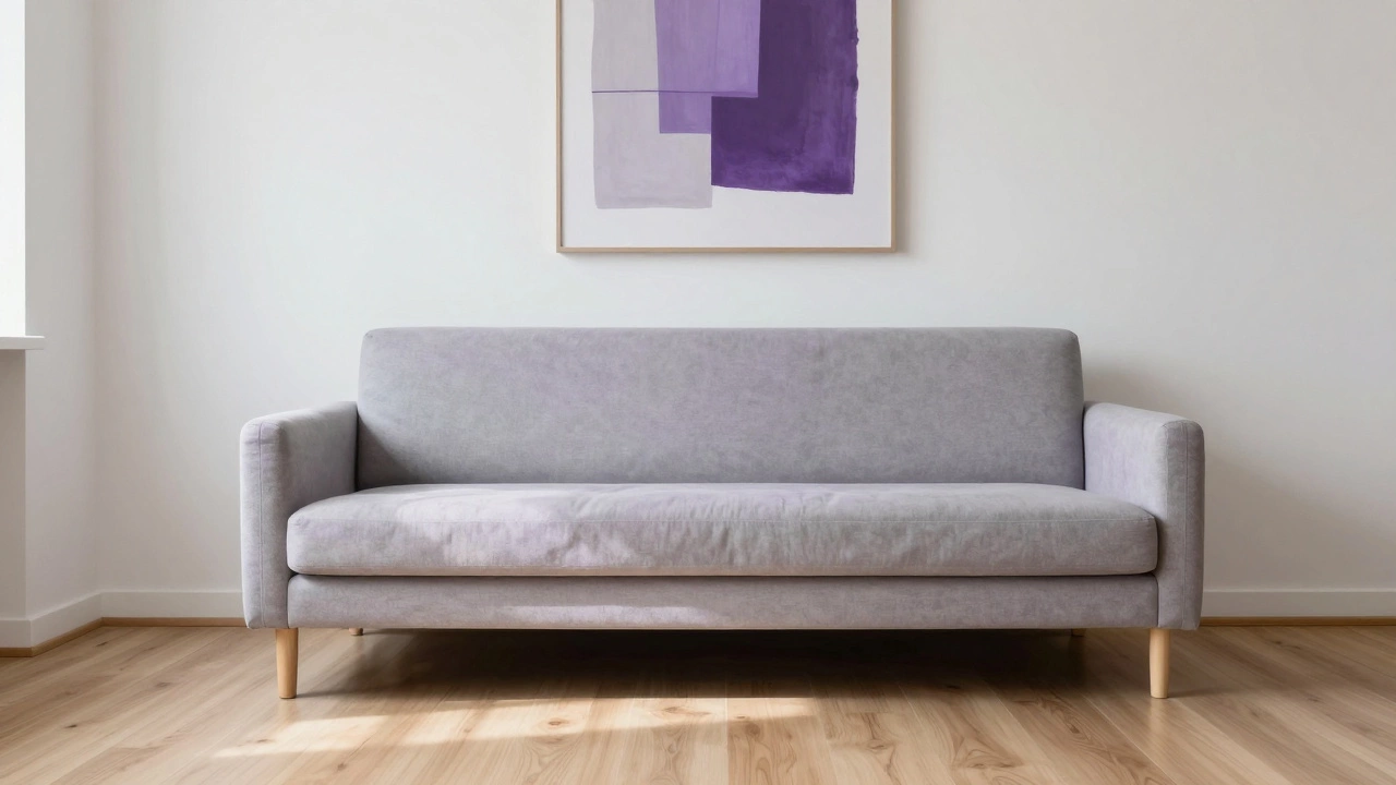 Серый диван с фиолетовым отливом в минималистичной гостиной при естественном свете.