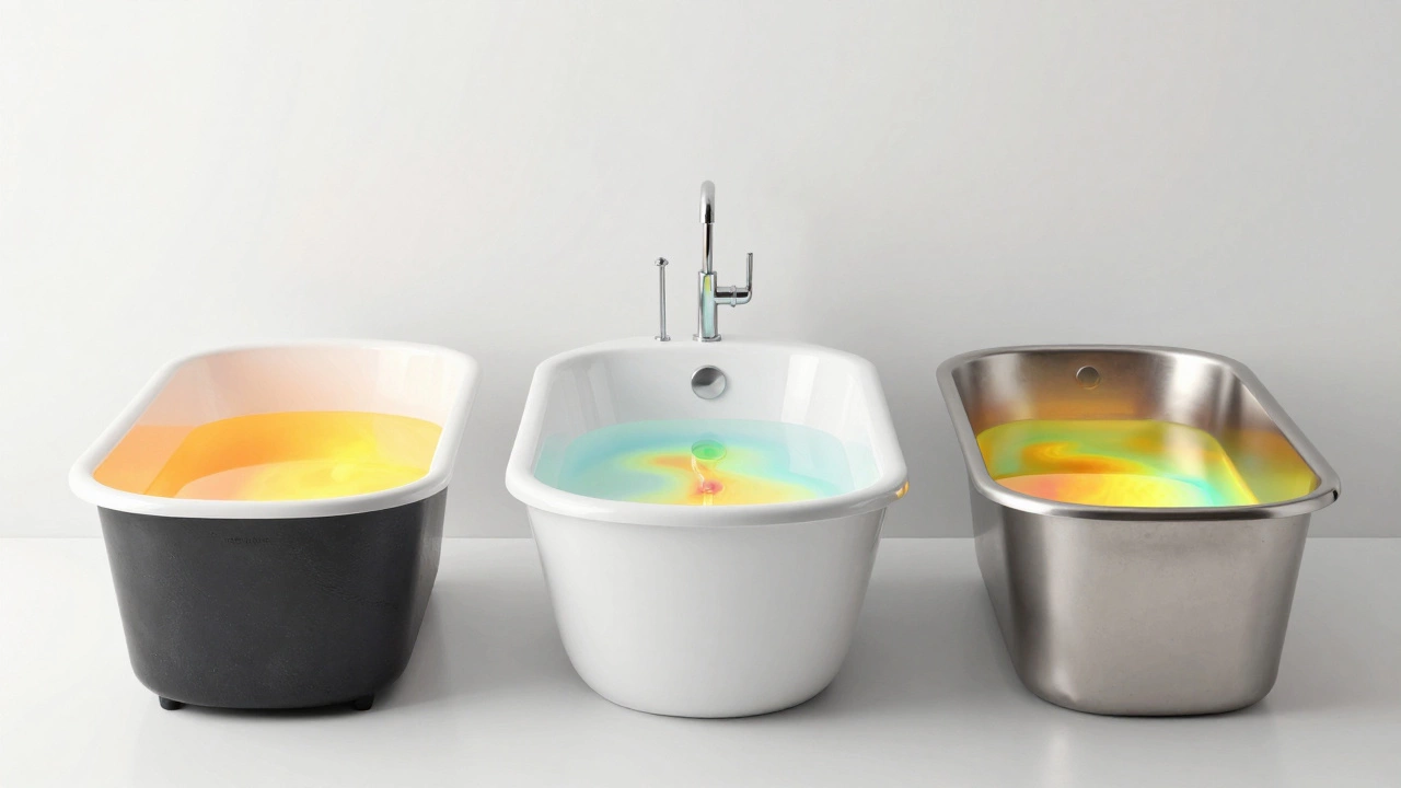 Сравнение трёх материалов ванн: чугун, акрил и сталь — с тепловыми сигнатурами воды.